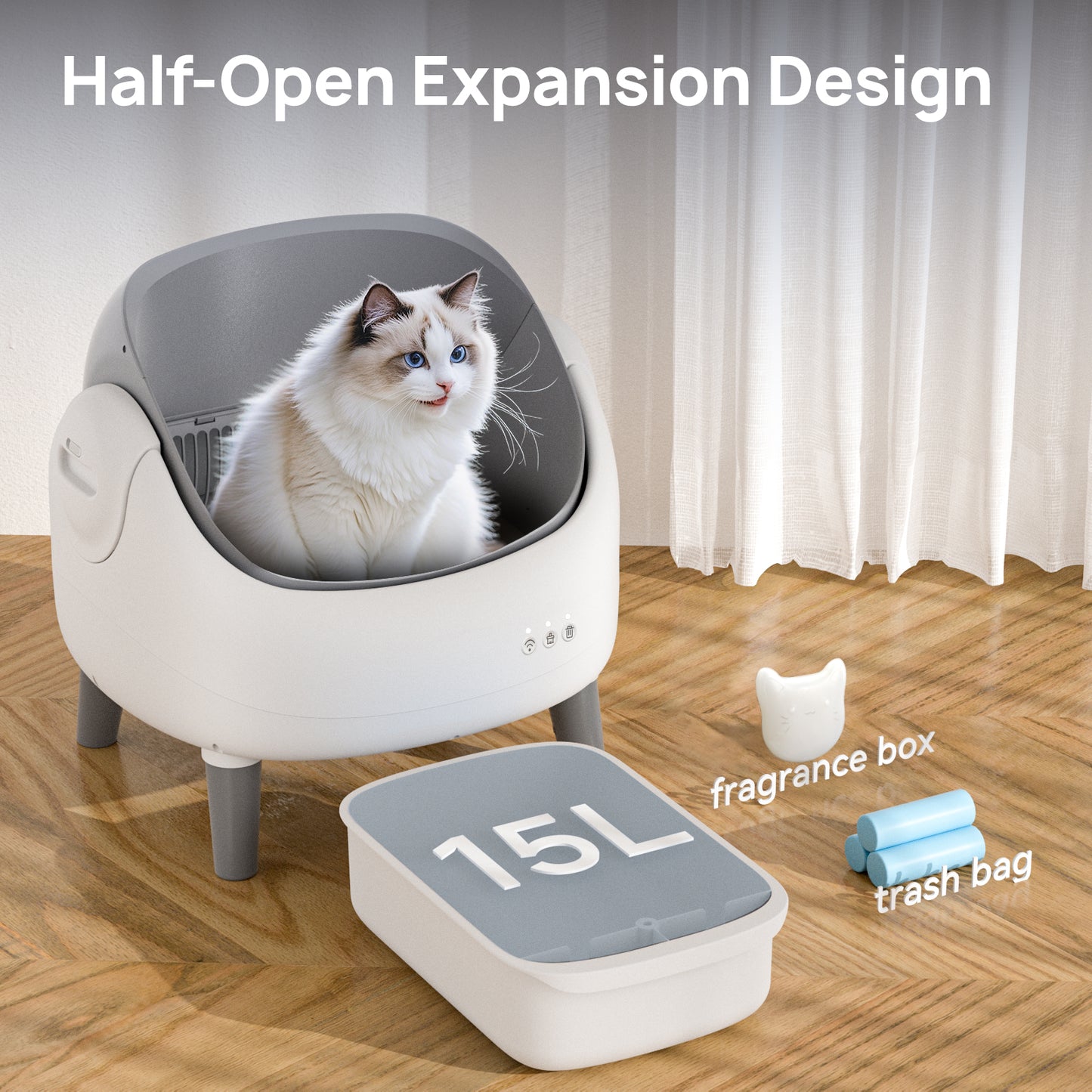 Open-Top Self Cleaning Litter Box, Automatic Cat Litter Box with APP Control, Dual Safety Sensors, Includes Trash Bags