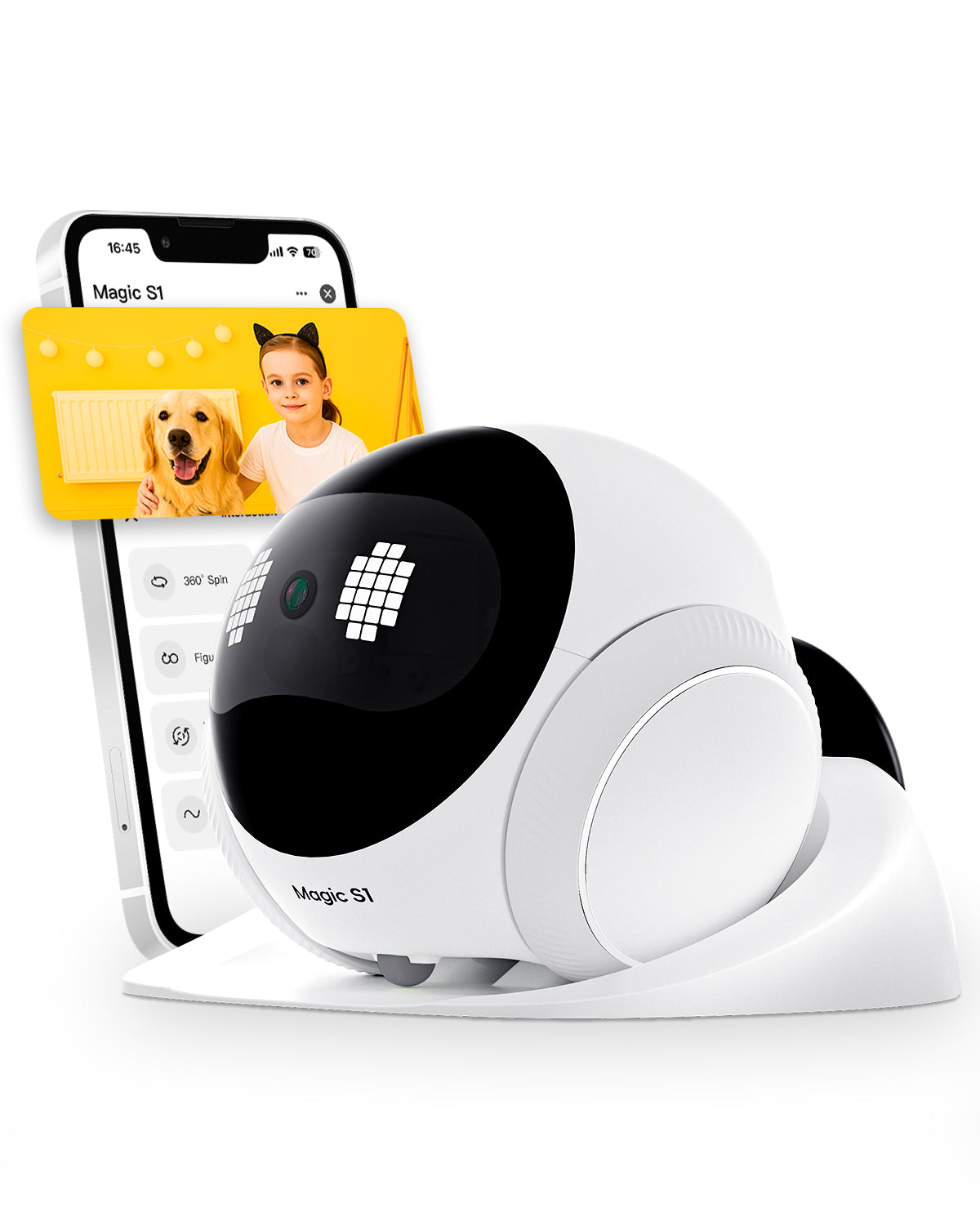 Magic S1 Indoor Security Robot Camera 1080P Movable Pet Camera with App Control, 2-Way Audio, Motion Detection, Night Vision, Auto-Recharge, Smart Home Cam for Pet/Elderly/Baby (White)